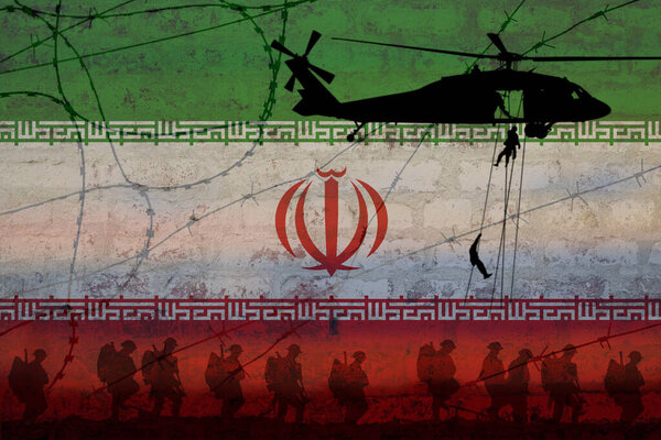 Концептуальное изображение войны между Израилем и Ираном с использованием флага и силуэта