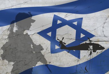 Bayrak ve siluet kullanılarak İsrail ve İran arasındaki savaşın kavramsal görüntüsü