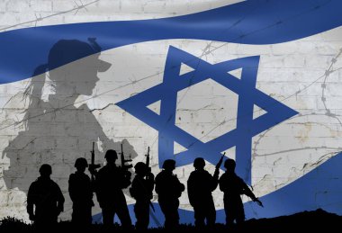 Bayrak ve siluet kullanılarak İsrail ve İran arasındaki savaşın kavramsal görüntüsü