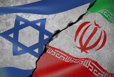 Bayrak ve siluet kullanılarak İsrail ve İran arasındaki savaşın kavramsal görüntüsü
