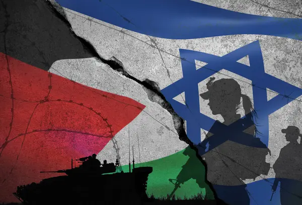 İsrail ve Filistin arasında bayrak ve siluet kullanılarak yapılan savaşın kavramsal görüntüsü