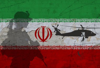 Bayrak ve siluet kullanılarak İsrail ve İran arasındaki savaşın kavramsal görüntüsü