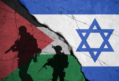 İsrail ve Filistin arasında bayrak ve siluet kullanılarak yapılan savaşın kavramsal görüntüsü