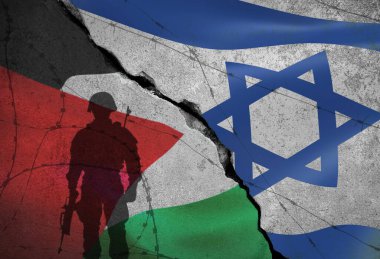 İsrail ve Filistin arasında bayrak ve siluet kullanılarak yapılan savaşın kavramsal görüntüsü