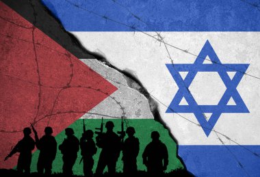 İsrail ve Filistin arasında bayrak ve siluet kullanılarak yapılan savaşın kavramsal görüntüsü