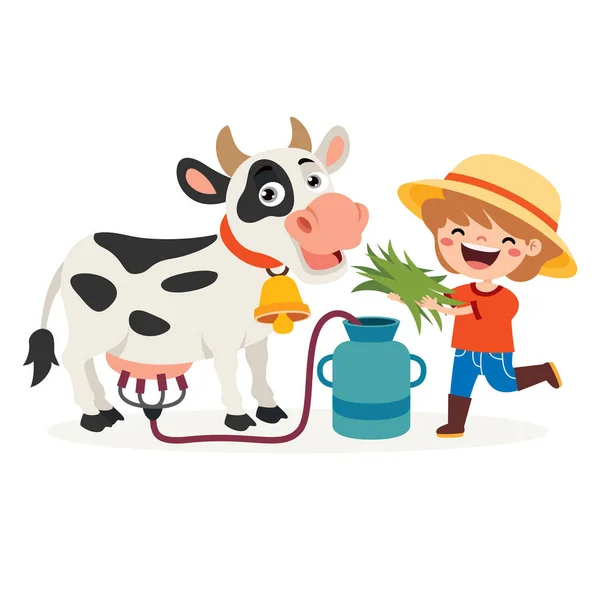 Cartoon Illustration Kid Milking — Stock Vector