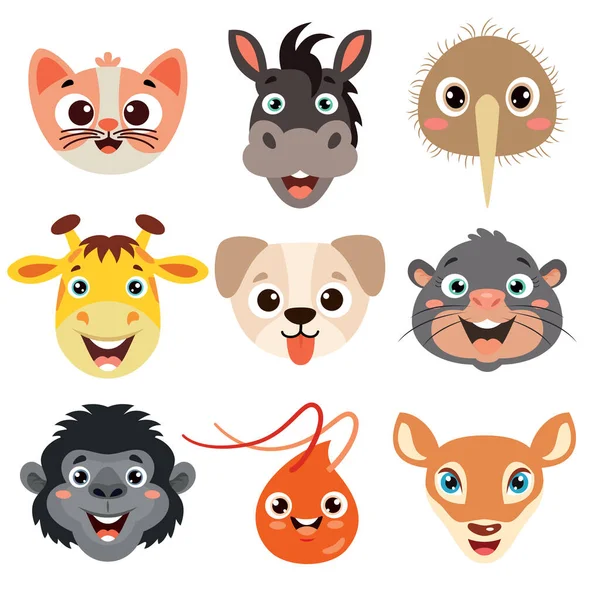 Set Cartoon Animal Heads — Stock Vector