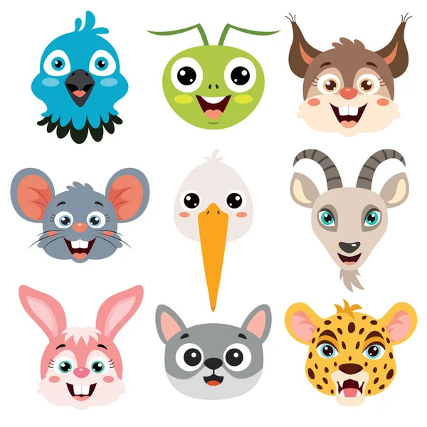 Set Cartoon Animal Heads — Stock Vector