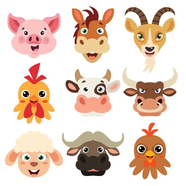 Conjunto Cabezas Animales Dibujos Animados — Vector de stock