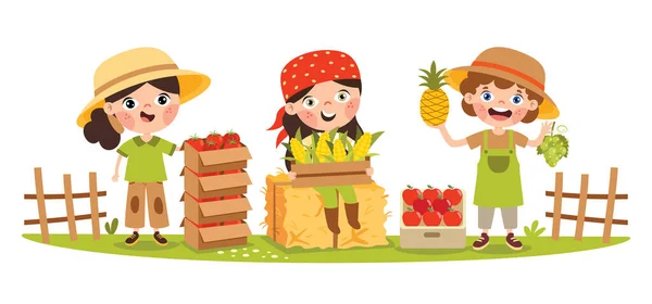 Cena Fazenda Com Crianças Dos Desenhos Animados —  Vetores de Stock