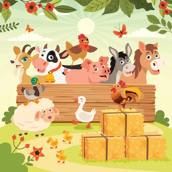 Cena Fazenda Com Animais Desenhos Animados — Vetor de Stock
