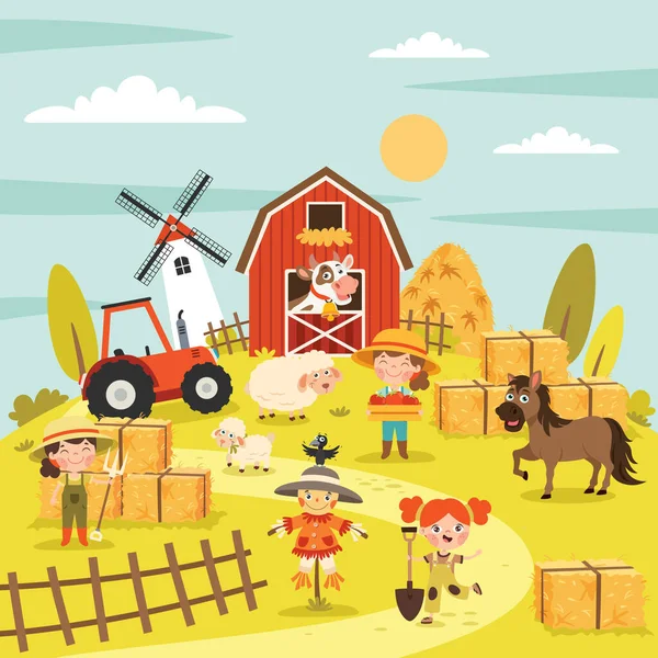 Granja Escena Con Dibujos Animados Animales — Vector de stock