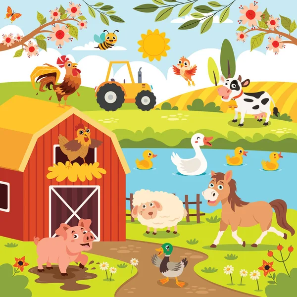 Cena Fazenda Com Animais Desenhos Animados —  Vetores de Stock