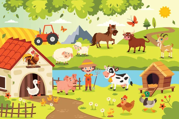 Scéna Farmy Kreslenými Zvířaty — Stockový vektor