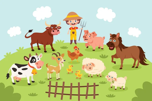 Farm Jelenet Rajzfilm Állatok — Stock Vector