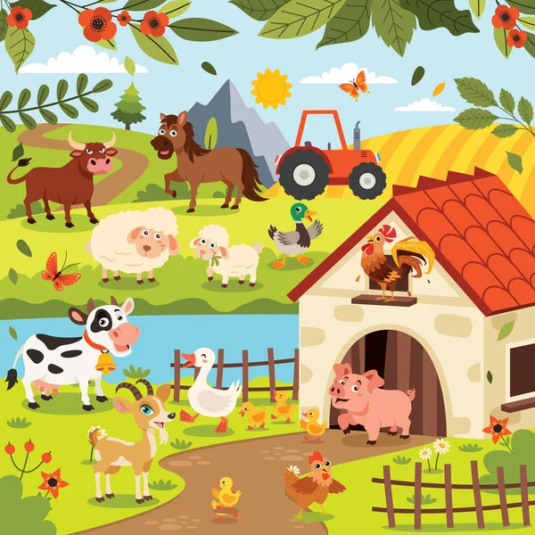 Scéna Farmy Kreslenými Zvířaty — Stockový vektor