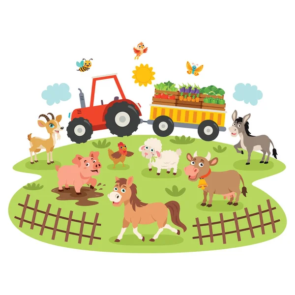 Farm Jelenet Rajzfilm Állatok — Stock Vector