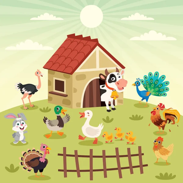 Farm Scene Cartoon Animals - Stok Vektor