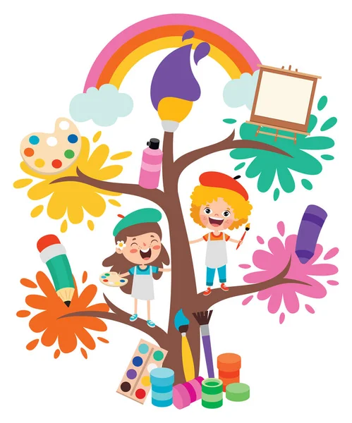 Ağaçtaki Çocuklarla Sanat Konsepti — Stok Vektör