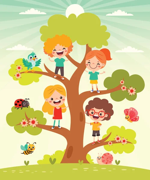 Çizgi Filmdeki Çocuklar Ağaçta Oynuyor — Stok Vektör