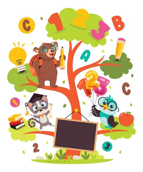 stock vector Education Tree With Cartoon Animals