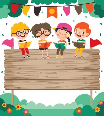 Kitap okuyan çocukların çizgi film çizimi