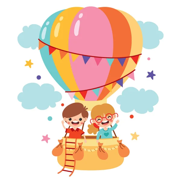 Cartoon Kinderen Rijden Een Hete Luchtballon — Stockvector