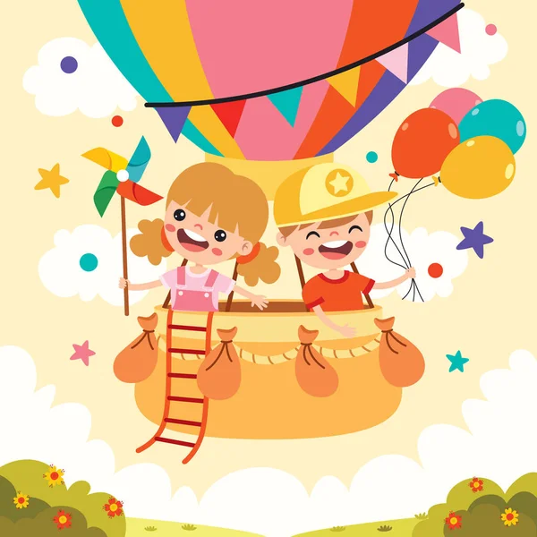 Cartoon Kids Riding Hot Air Balloon — Stock Vector