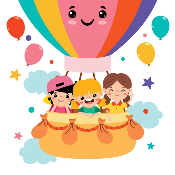 Cartoon Kids Riding Hot Air Balloon — Stock Vector