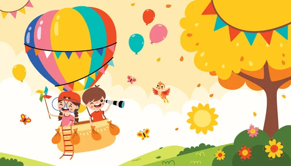Kreslené Děti Jízda Horkovzdušný Balón — Stockový vektor