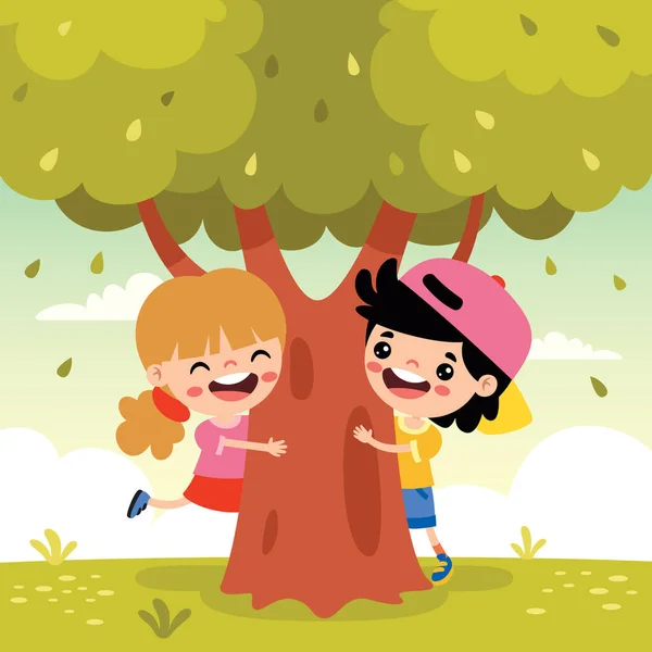 Κινούμενα Σχέδια Παιδιά Που Παίζουν Κάτω Από Δέντρο — Διανυσματικό Αρχείο