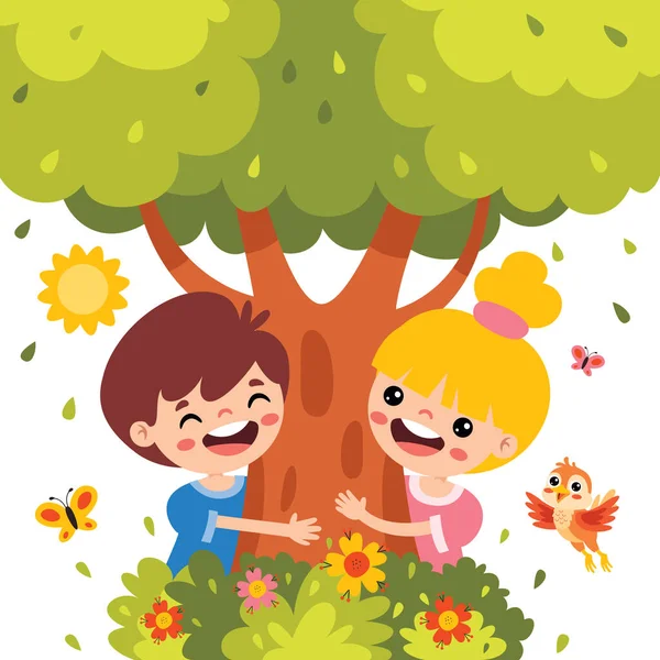 Dzieci Kreskówek Bawiące Się Pod Drzewem — Wektor stockowy