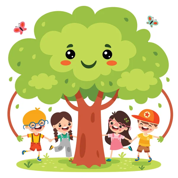 木の下で遊ぶ漫画の子供たち — ストックベクタ