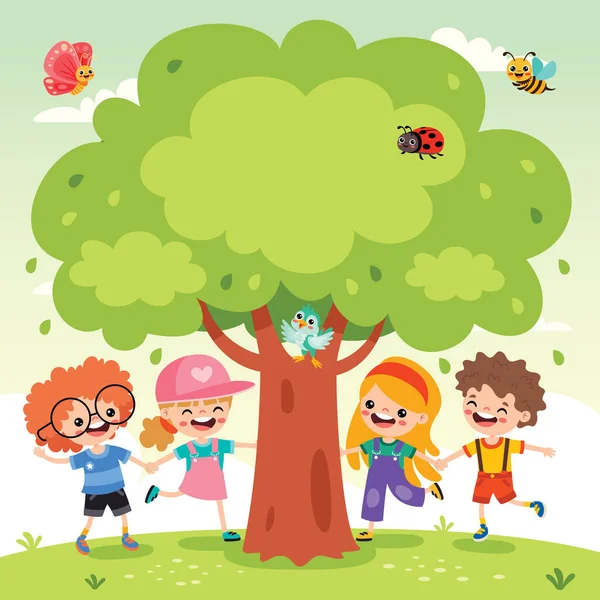 Desenhos Animados Crianças Jogando Sob Árvore — Vetor de Stock