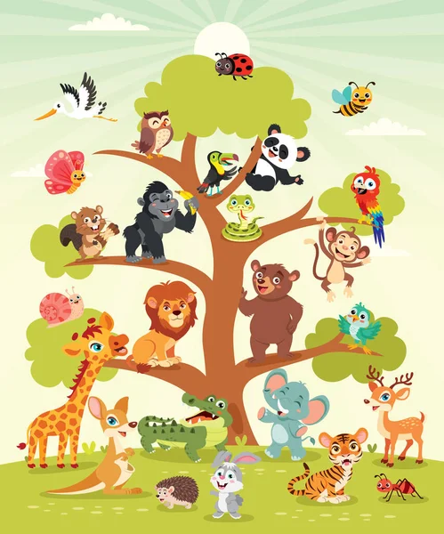 Desenhos Animados Animais Uma Árvore —  Vetores de Stock