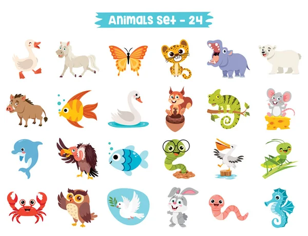 Conjunto Animales Dibujos Animados Lindo — Vector de stock