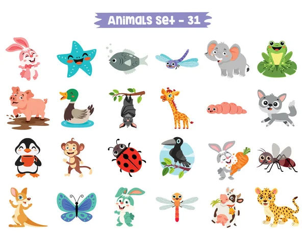 Conjunto Animales Dibujos Animados Lindo — Vector de stock