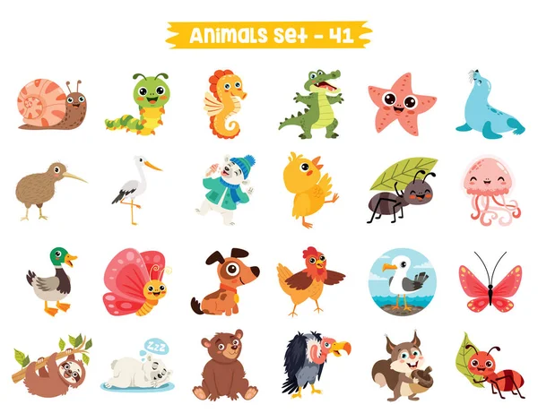 Conjunto Animais Desenhos Animados Bonitos — Vetor de Stock