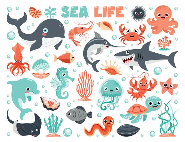 Cartoon Illustration Der Elemente Des Meereslebens — Stockvektor