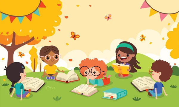 Crianças Lendo Livro Natureza — Vetor de Stock
