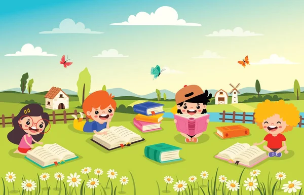 自然の中で本を読む子供たち — ストックベクタ
