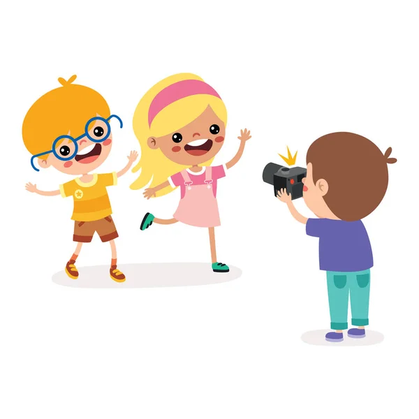 Criança Dos Desenhos Animados Tirando Fotos Amigos — Vetor de Stock