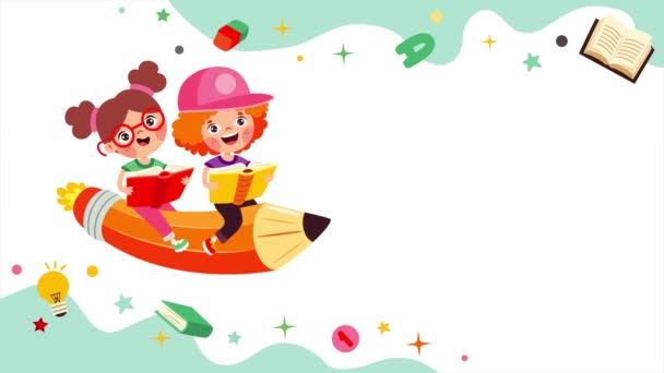 Animação Crianças Leitura Livro Sobre Lápis — Vídeo de Stock