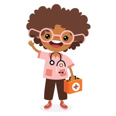 İlk yardım çantalı çizgi film çocuğu.