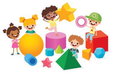 Kids Playing With 3d Geometric Shapes clipart