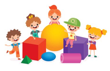 3d Geometrik Şekillerle Oynayan Çocuklar