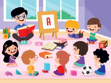 Kids And Teacher At Kindergarten clipart