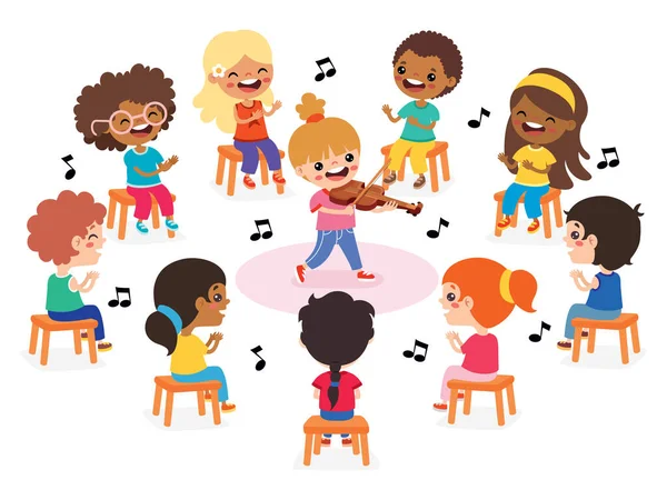 Kinderen Zitten Een Cirkel Luisteren Naar Muziek — Stockvector