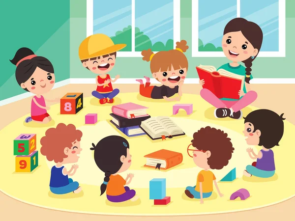 Παιδιά Και Δάσκαλος Στο Νηπιαγωγείο — Διανυσματικό Αρχείο