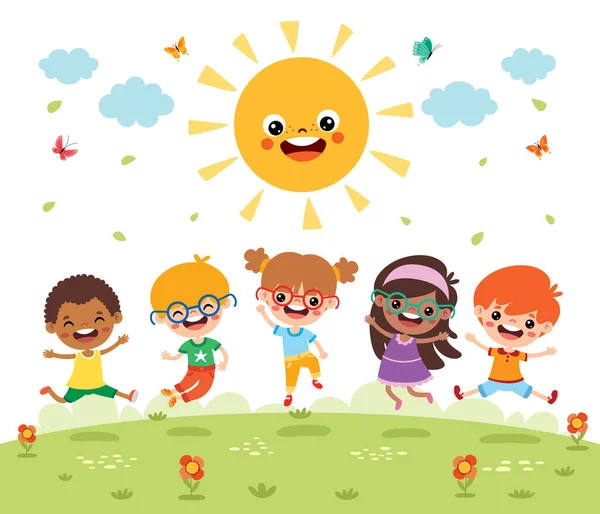 Παιδιά Που Παίζουν Στη Φύση Τον Ήλιο — Διανυσματικό Αρχείο